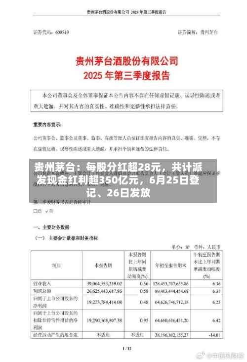 贵州茅台：每股分红超28元，共计派发现金红利超350亿元，6月25日登记、26日发放-第2张图片